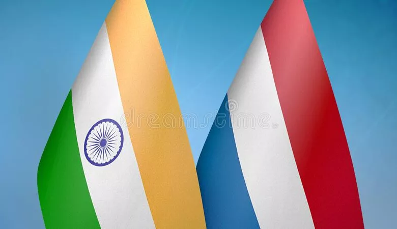 india netherlands two flags india netherlands two flags together blue background 191221339