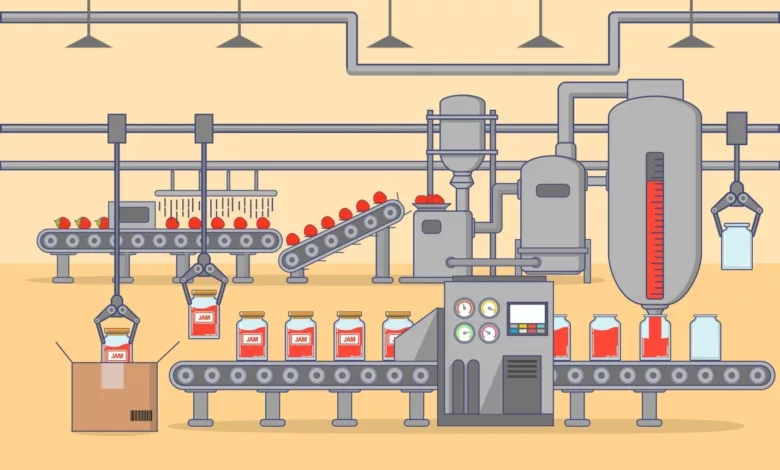 an illustration of a complete automated food processing system for jam production