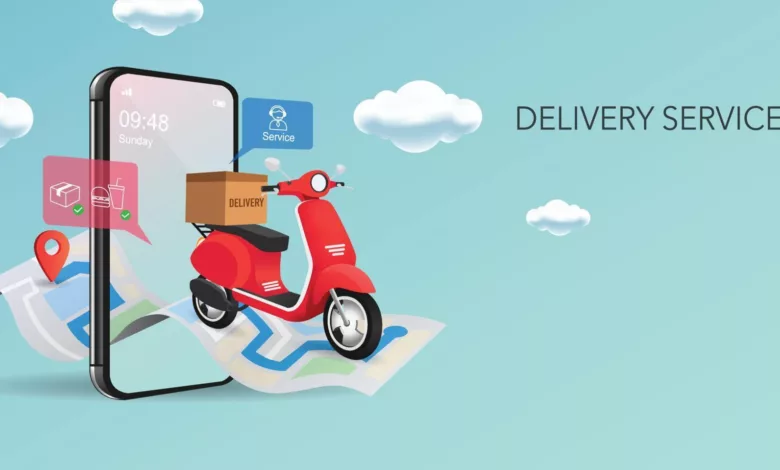 fast delivery by scooter on mobile e commerce concept online food order infographic webpage app design perspective free vector