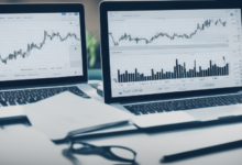3263624953 laptop showing finance and technology with stock market graphs
