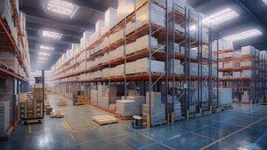 large clean warehouse with racks of storage and shiny floors