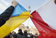 polish ukraine flags tied together