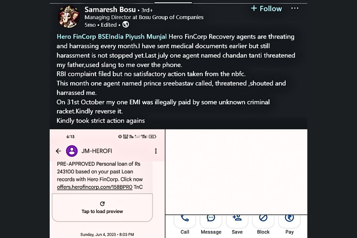 Hero FinCorp recovery agents were harassing and threatening them