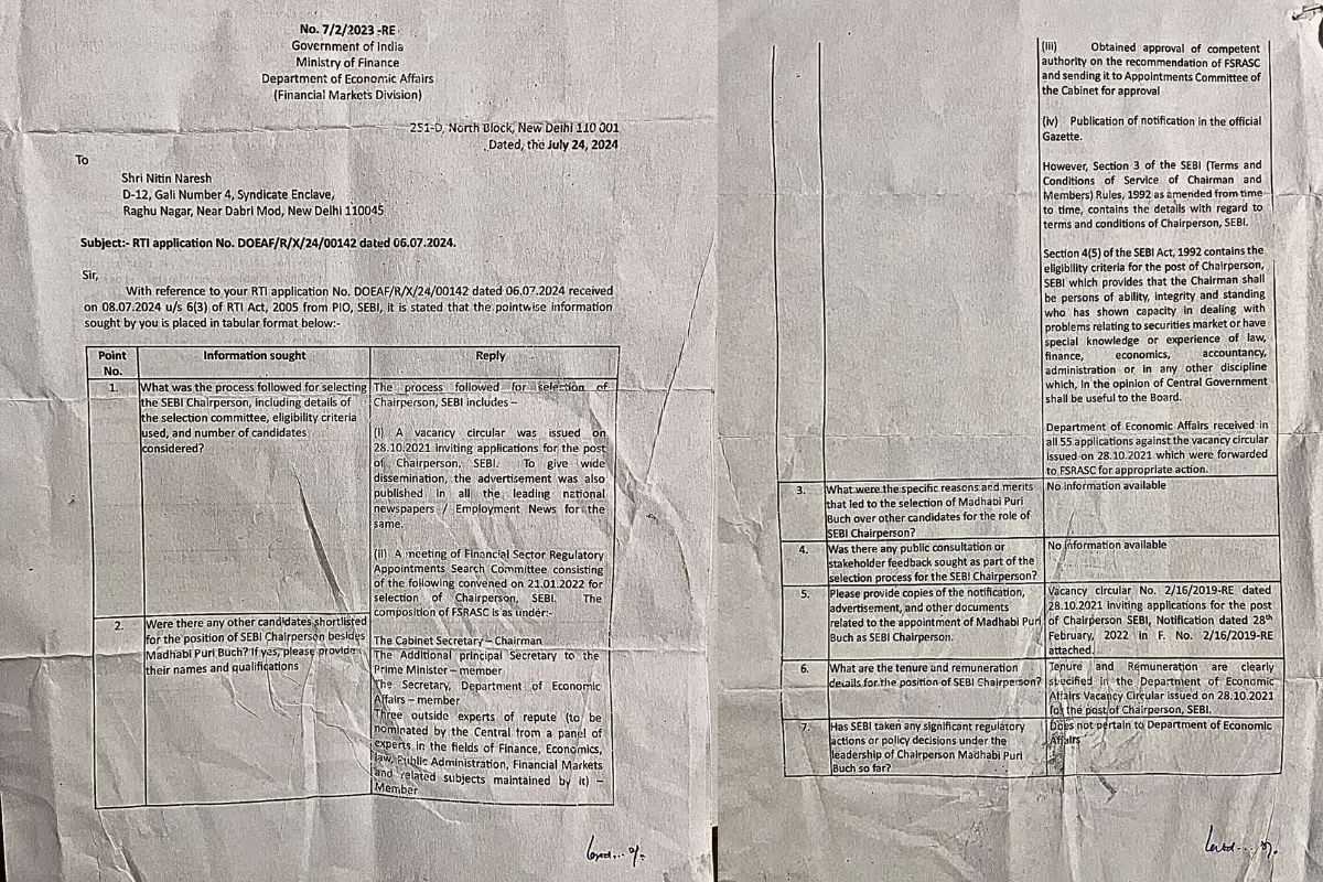 As Per RTI Records Ministry Of Finance, Government Of India Has No Information About Why & How Madhabi Puri Buch Was Made The Chairman Of SEBI